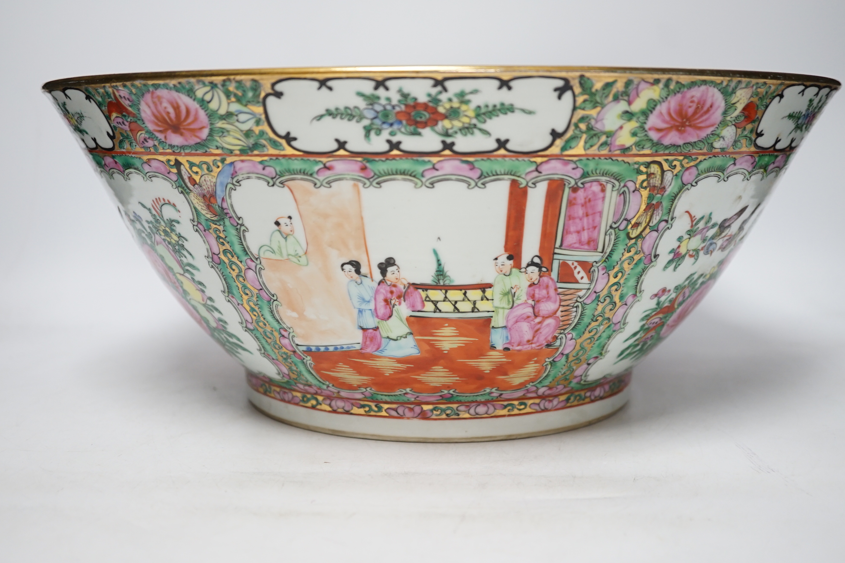 An early 20th century Chinese Canton pattern famille rose bowl, 37cm diameter